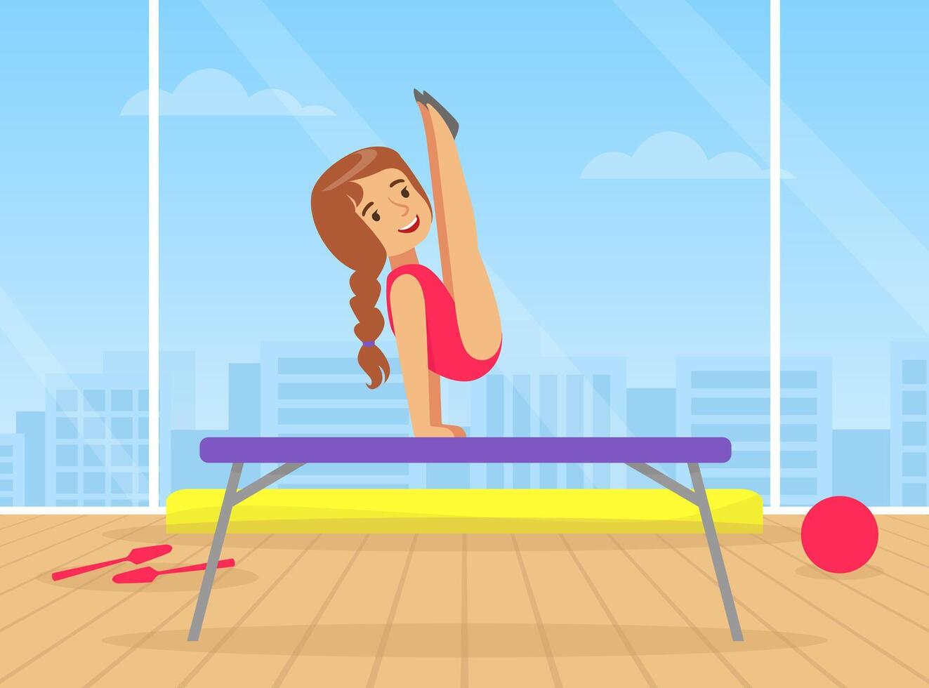 Cute Girl Performing Gymnastic Exercise on Uneven Bars, Gymnast Girl with Ribbon Taking Part in Rhythmic Gymnastics Competitions Cartoon Illustration vector