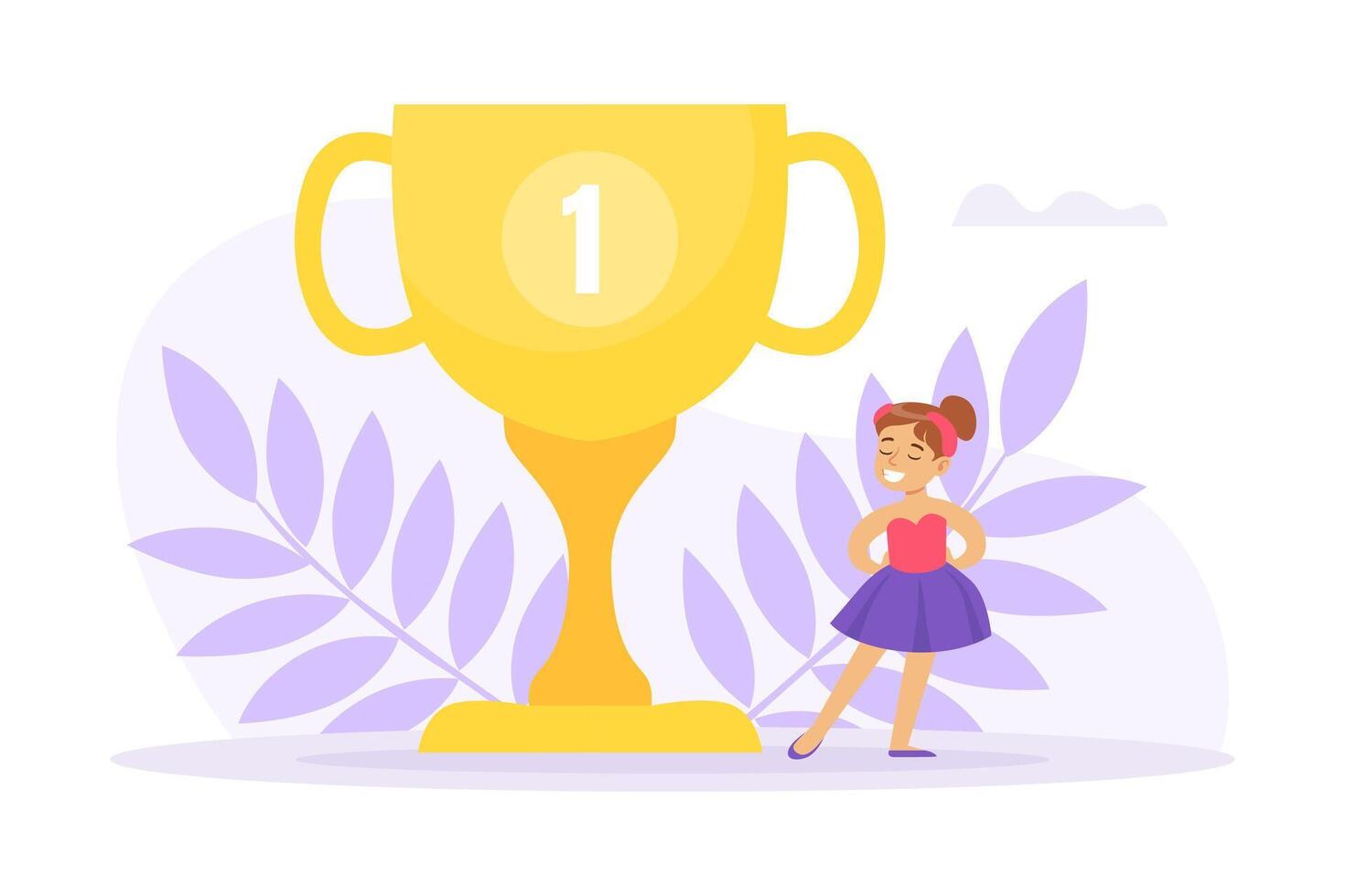 Cute Little Ballerina with Winner Cup, Ballet Dancer Girl Taking Part in Competitions Cartoon Illustration vector
