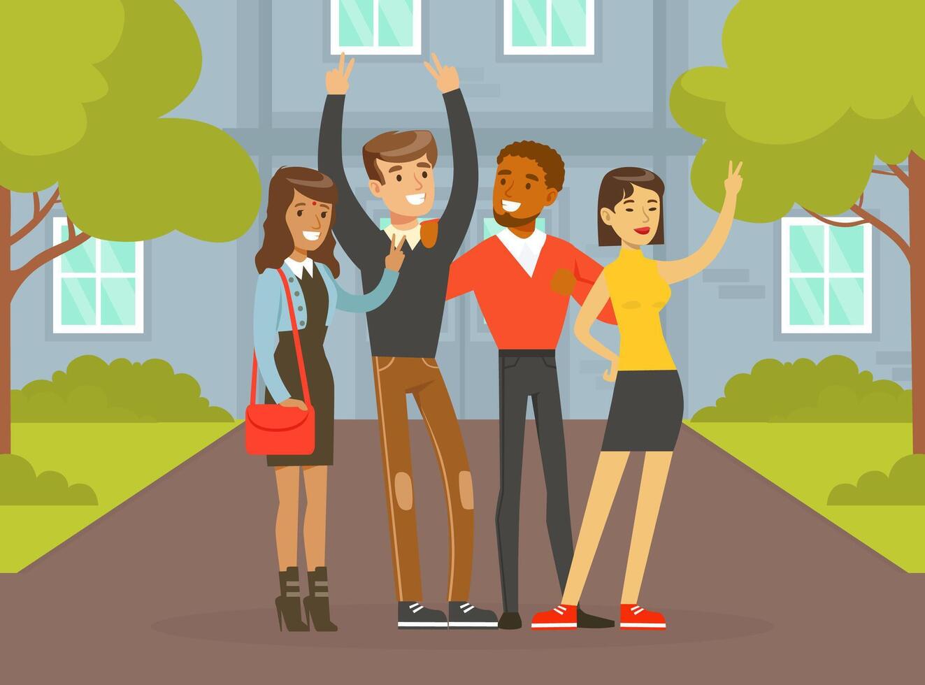 Happy People of Various Nationalities and Cultures Standing Together on Street, Social Diversity, Independent, Equality Illustration vector