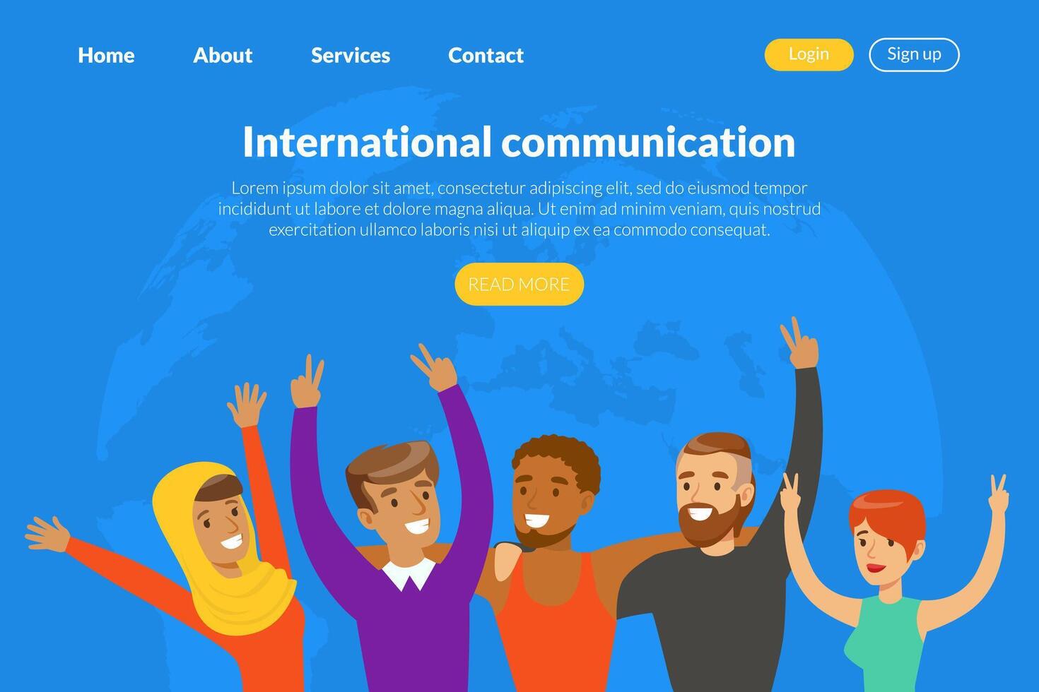 International Communication Landing Page Template, People of Various Nationalities and Cultures Communicating, Social Diversity, Independent, Equality Illustration vector
