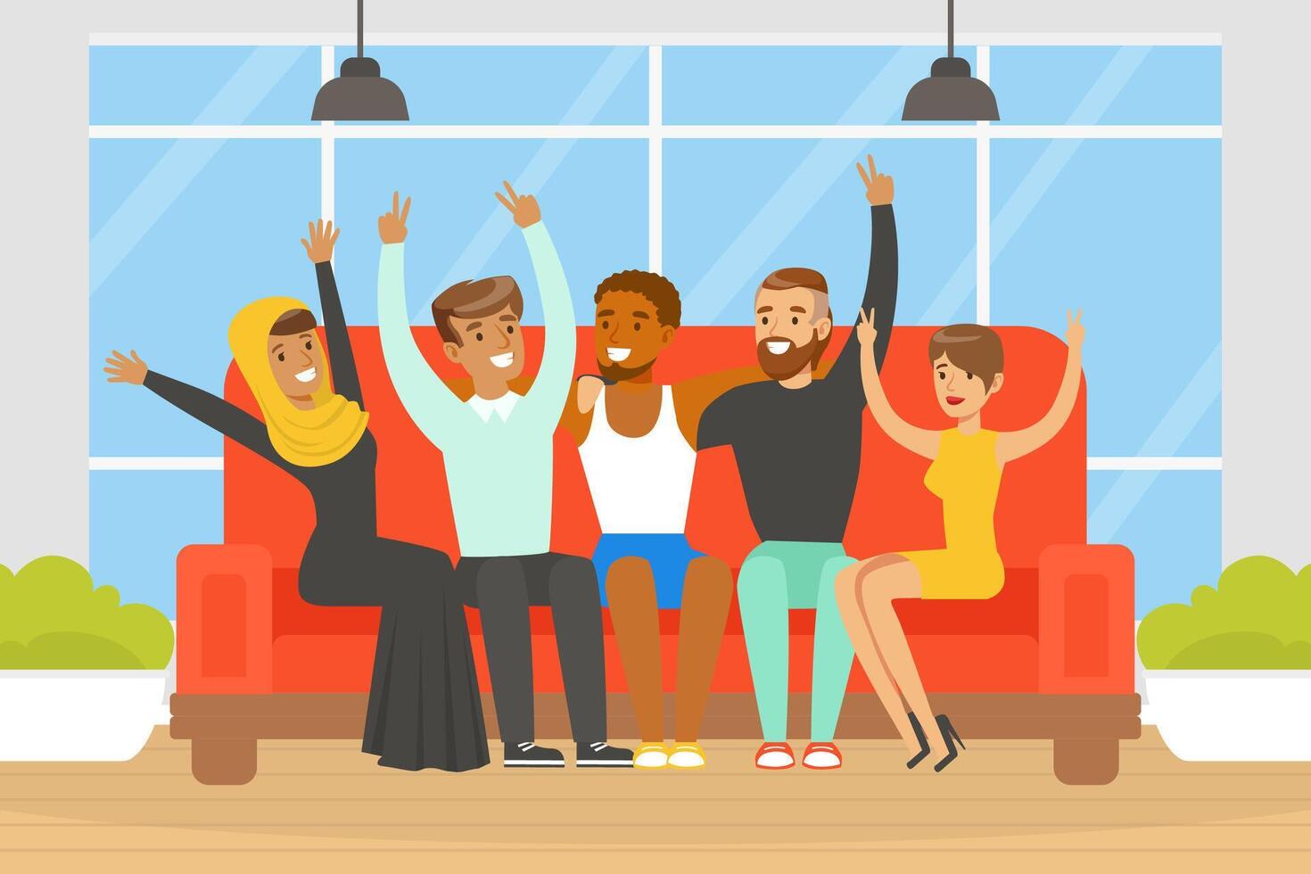 Happy People of Various Nationalities and Cultures Sitting Together on Sofa, Social Diversity, Independent, Equality, Solidarity Illustration vector