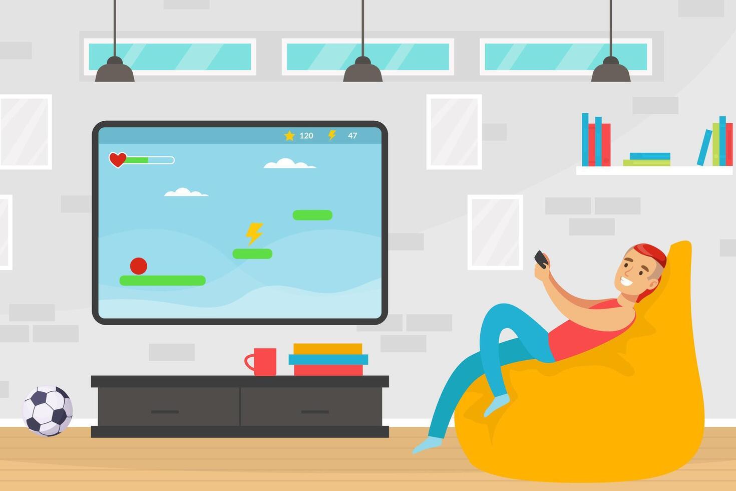 Young Man Sitting in Cozy Armchair and Playing Games on Game Console at Home Cartoon Illustration vector
