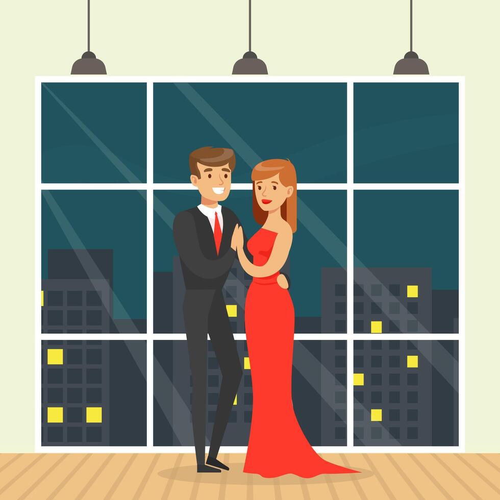 Beautiful Couple Having Romantic Date, Pretty Woman in Elegant Red Dress and Man in Black Suit Dancing Against Background of Night city Outside Window Cartoon Illustration vector