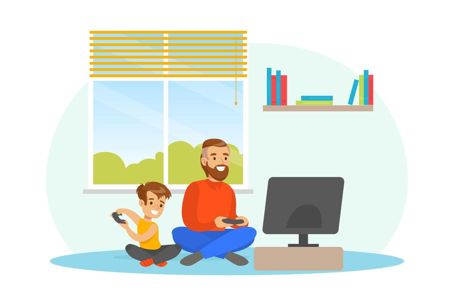 Father and Son Playing Games on Game Console at Home Cartoon Illustration vector