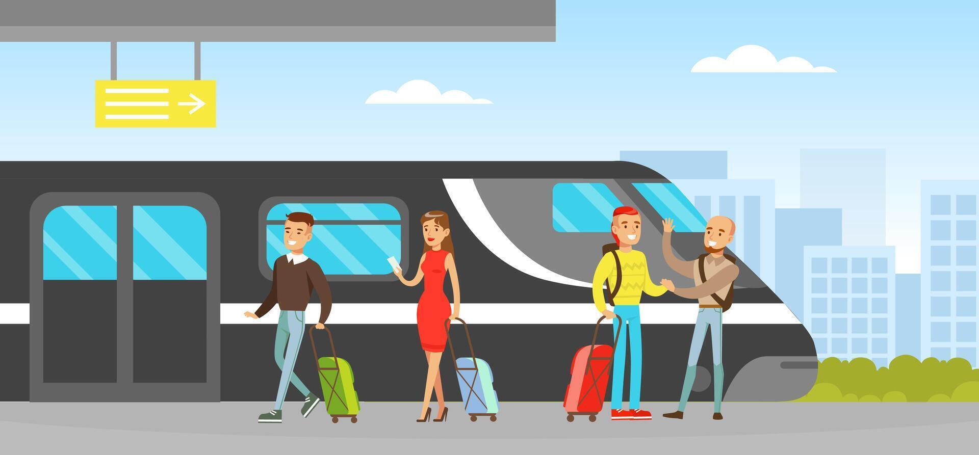 Passengers with Luggage Standing on Platform of Railway Station, People Travelling by Plane Cartoon Illustration vector