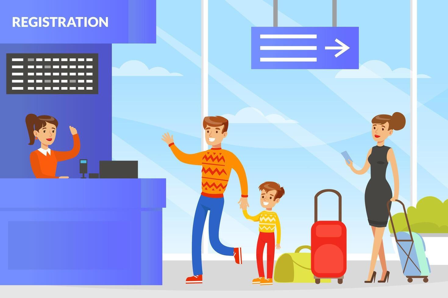 People Standing in Flight Registration Line at Airport Check Counter, People with Luggage Passing Passport Control and Waiting Boarding Illustration vector