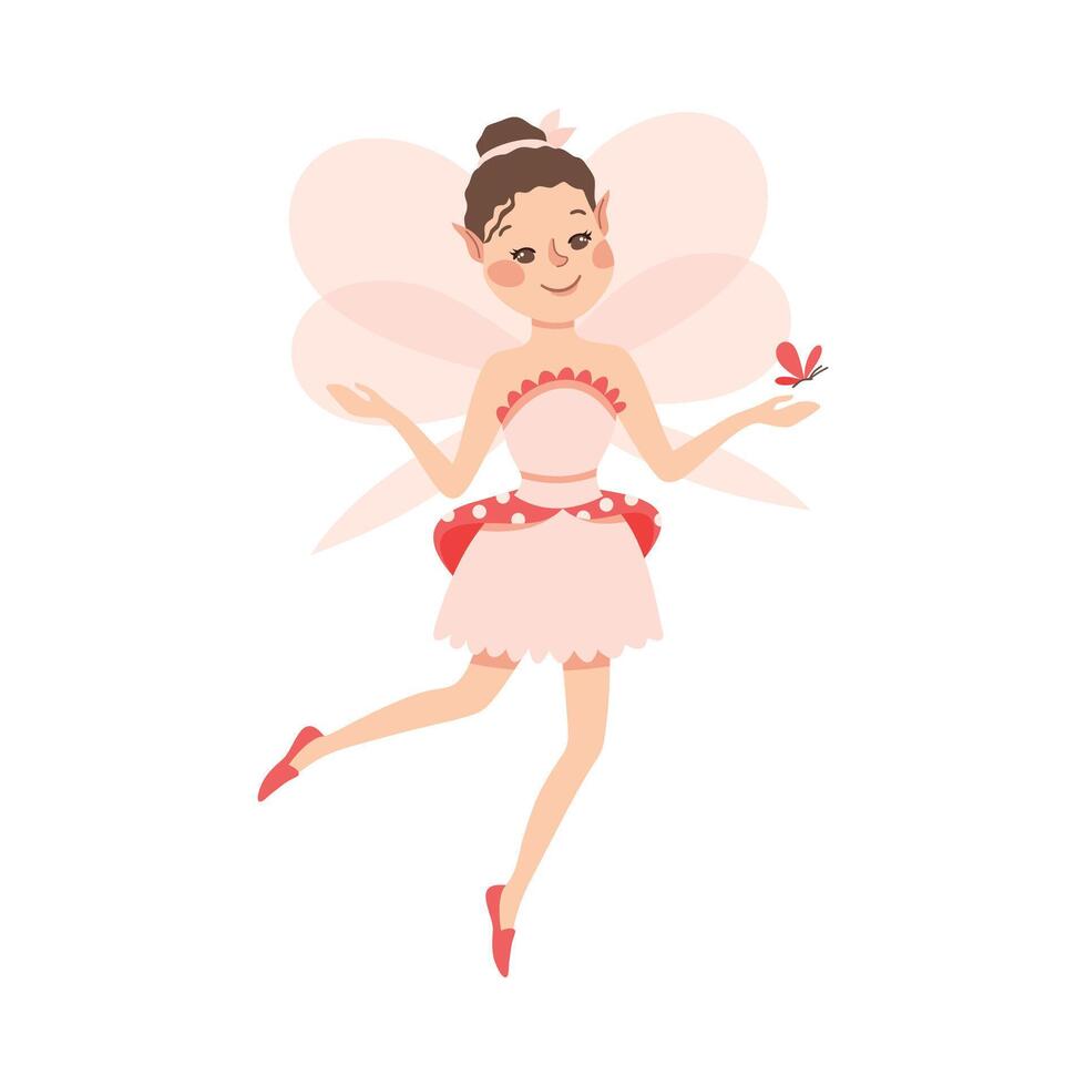 Cute Girl Fairy with Wings, Lovely Winged Elf Princesses in Fancy Dress with Butterfly Cartoon Style Illustration vector