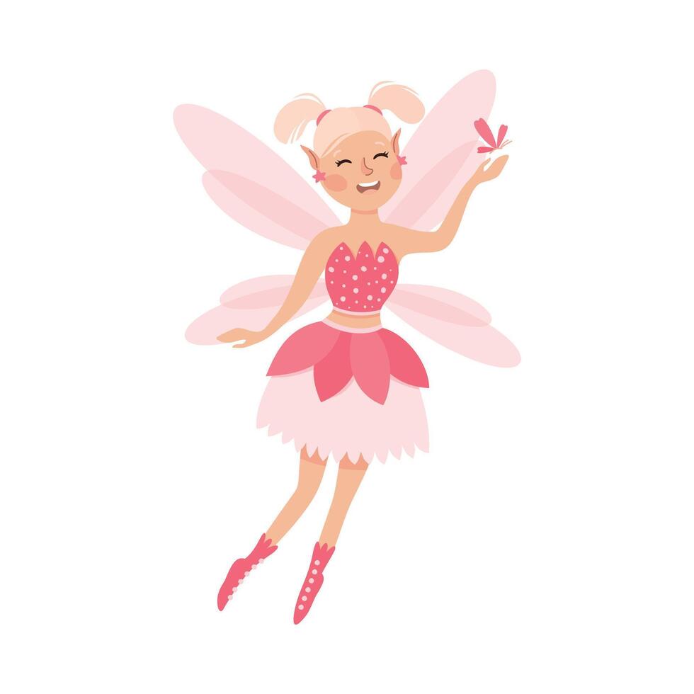 Happy Cute Girl Fairy with Wings, Lovely Winged Elf Princesses in Pink Dress with Butterfly Cartoon Style Illustration vector