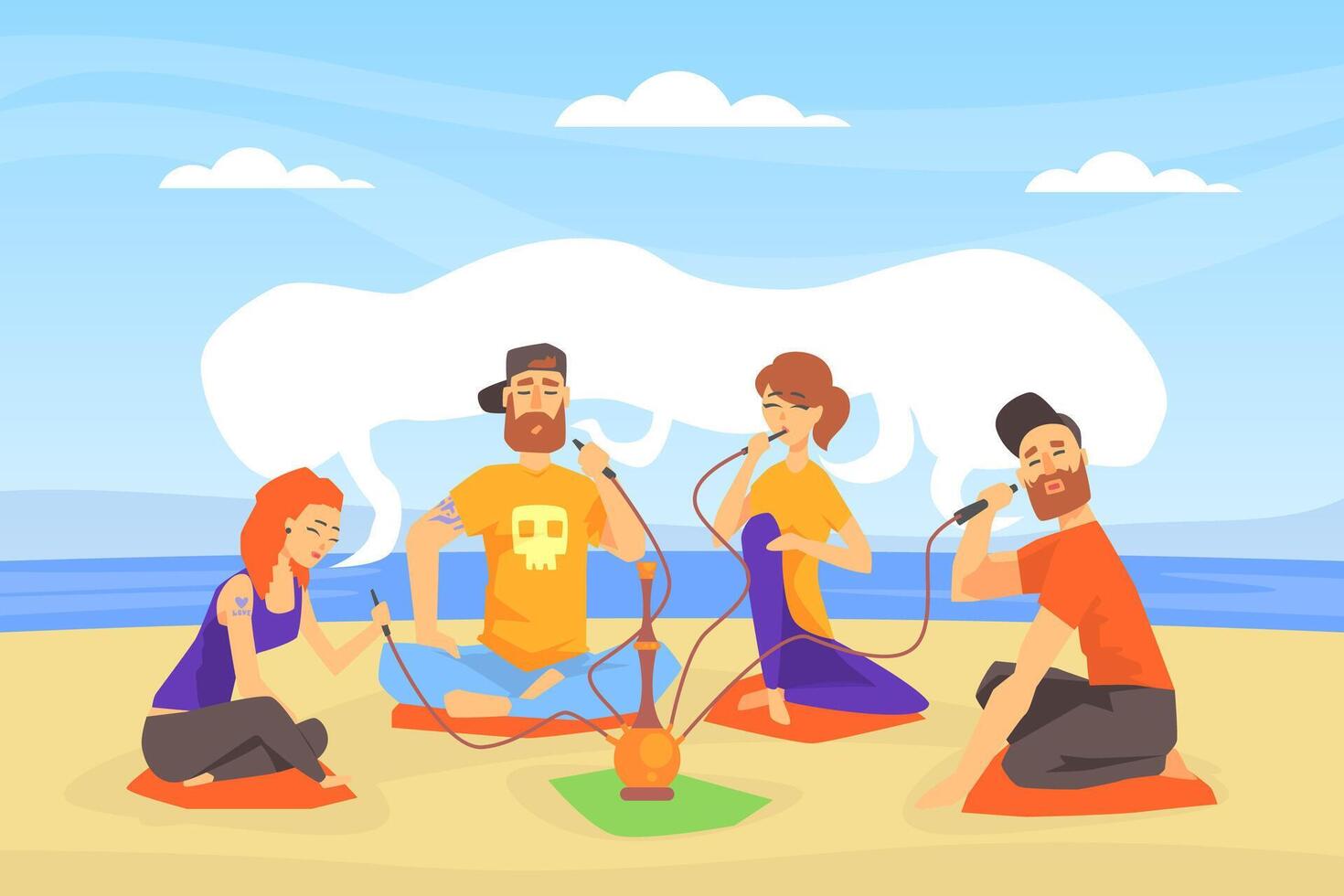 Young People Smoking Hookah while Sitting on Tropical Beach Cartoon Illustration vector