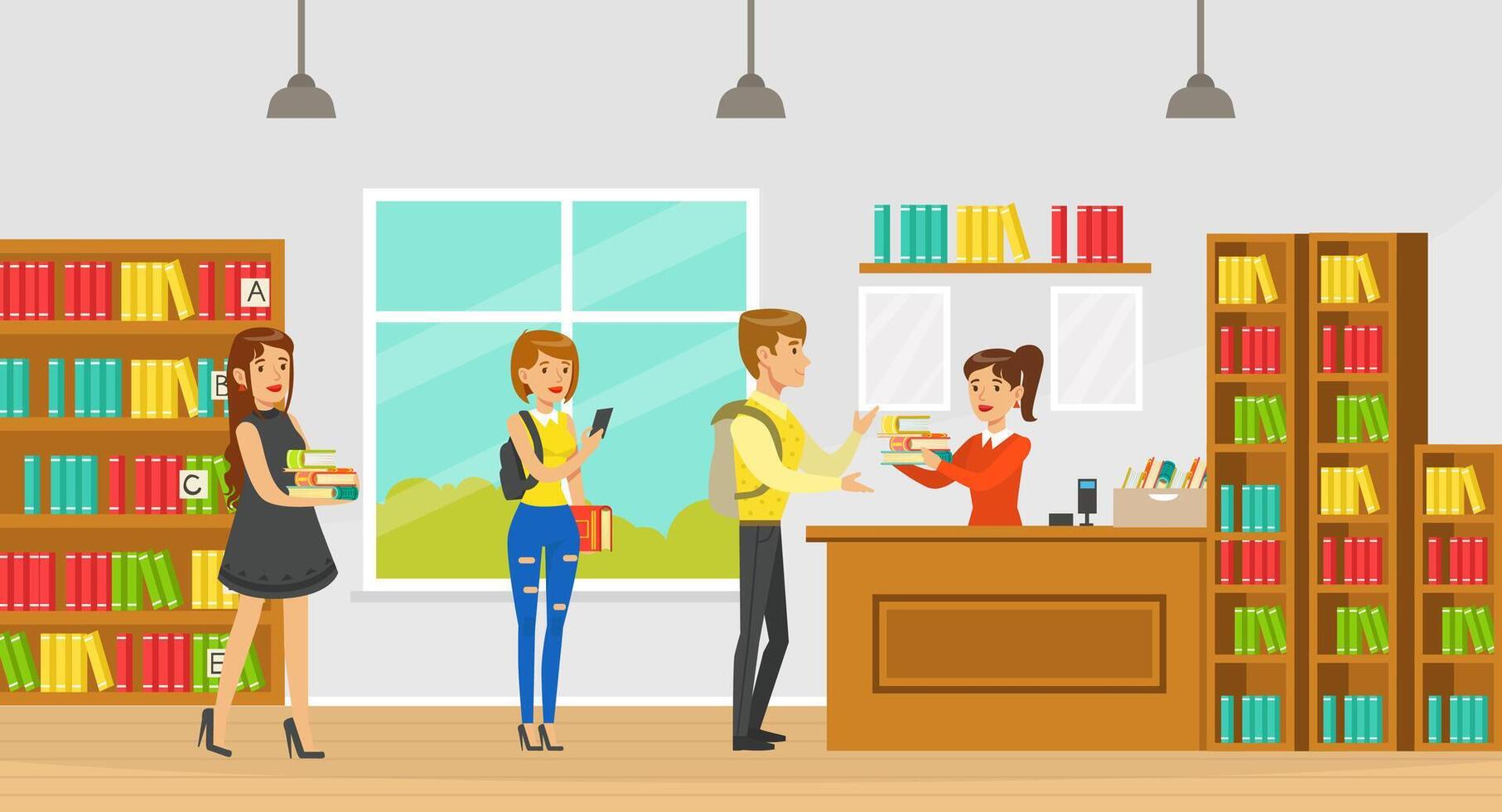 Library Interior with Students with Books and Librarian Assisting them at Service Desk, Education and Knowledge Concept Cartoon Illustration vector