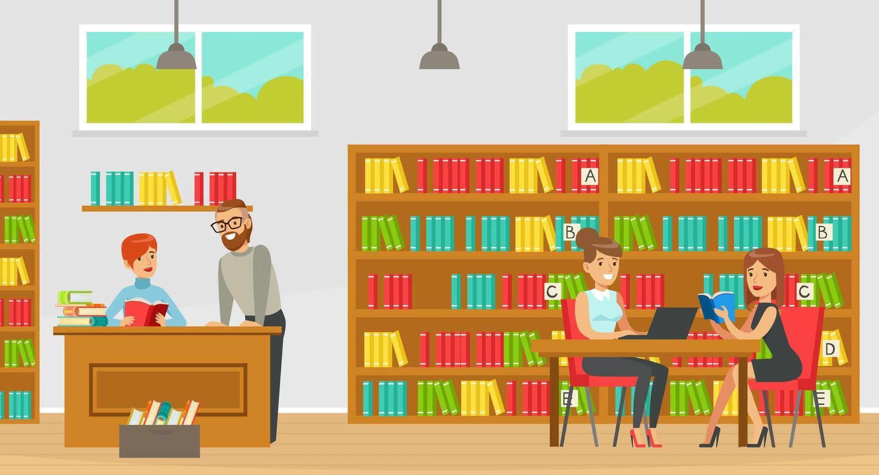 Library Interior with People Reading Books and Librarian at Service Desk, Education and Knowledge Concept Cartoon Illustration vector