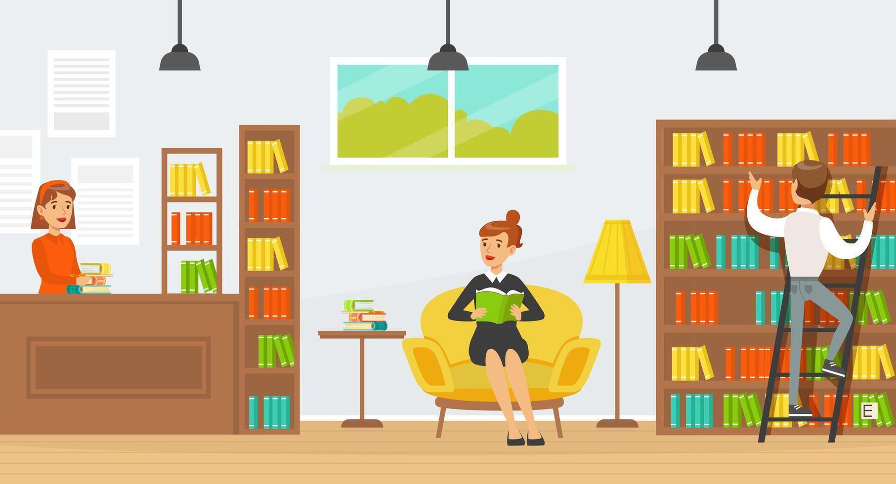 Library Interior with People Choosing and Reading Books, Librarian Character Standing at Service Desk, Education and Knowledge Concept Cartoon Illustration vector
