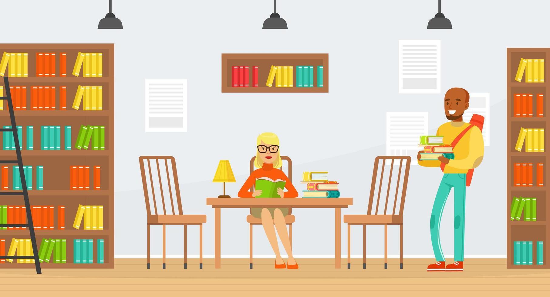 Studying Students, Library Interior with People Reading Books Cartoon Illustration vector