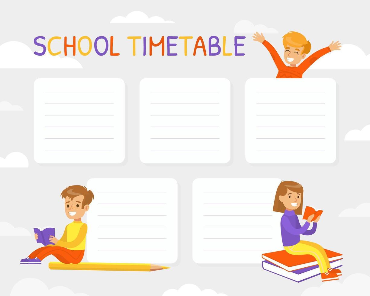 Elementary School Timetable, Weekly Planner, Schedule Template with Cute Kids Reading Books Cartoon Illustration vector