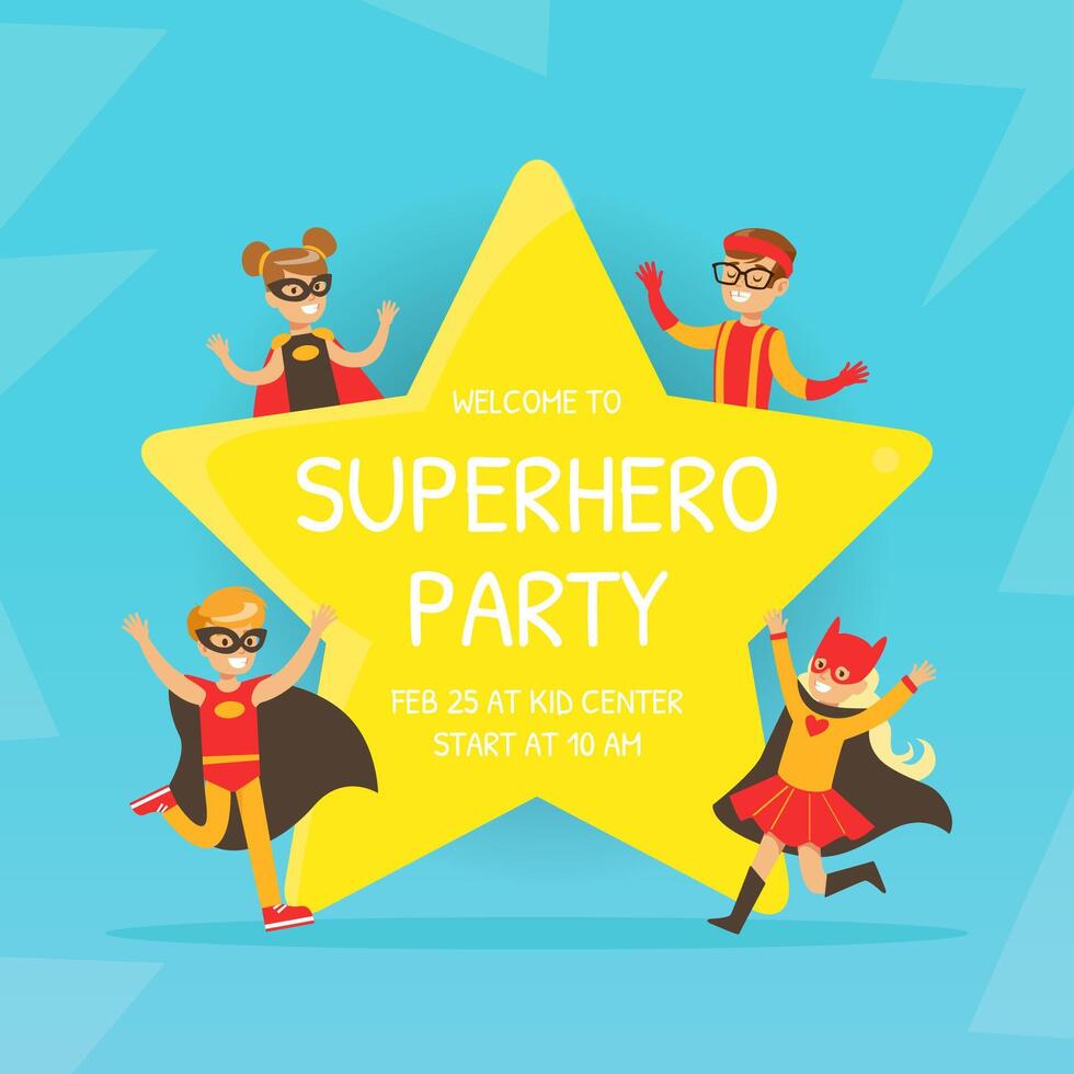 Welcome to Superhero Party Invitation, Happy Birthday Card with Happy Kids Having Fun in Superhero Costumes, Kids Party Flyer Template Cartoon Illustration vector