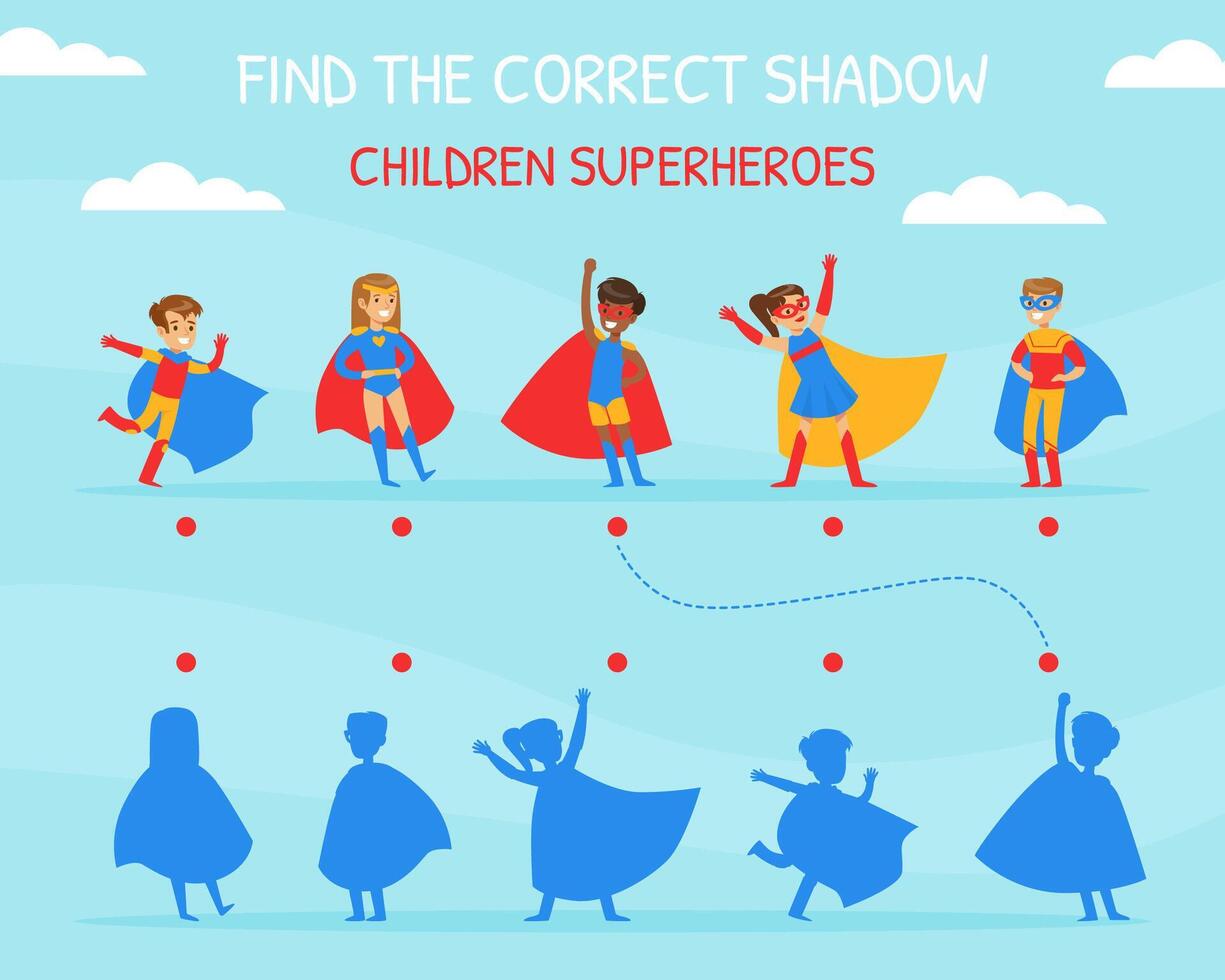Find the Correct Shadow Educational Game for Kids with Cute Boys and Girls Dressed in Superhero Costumes Cartoon Illustration vector