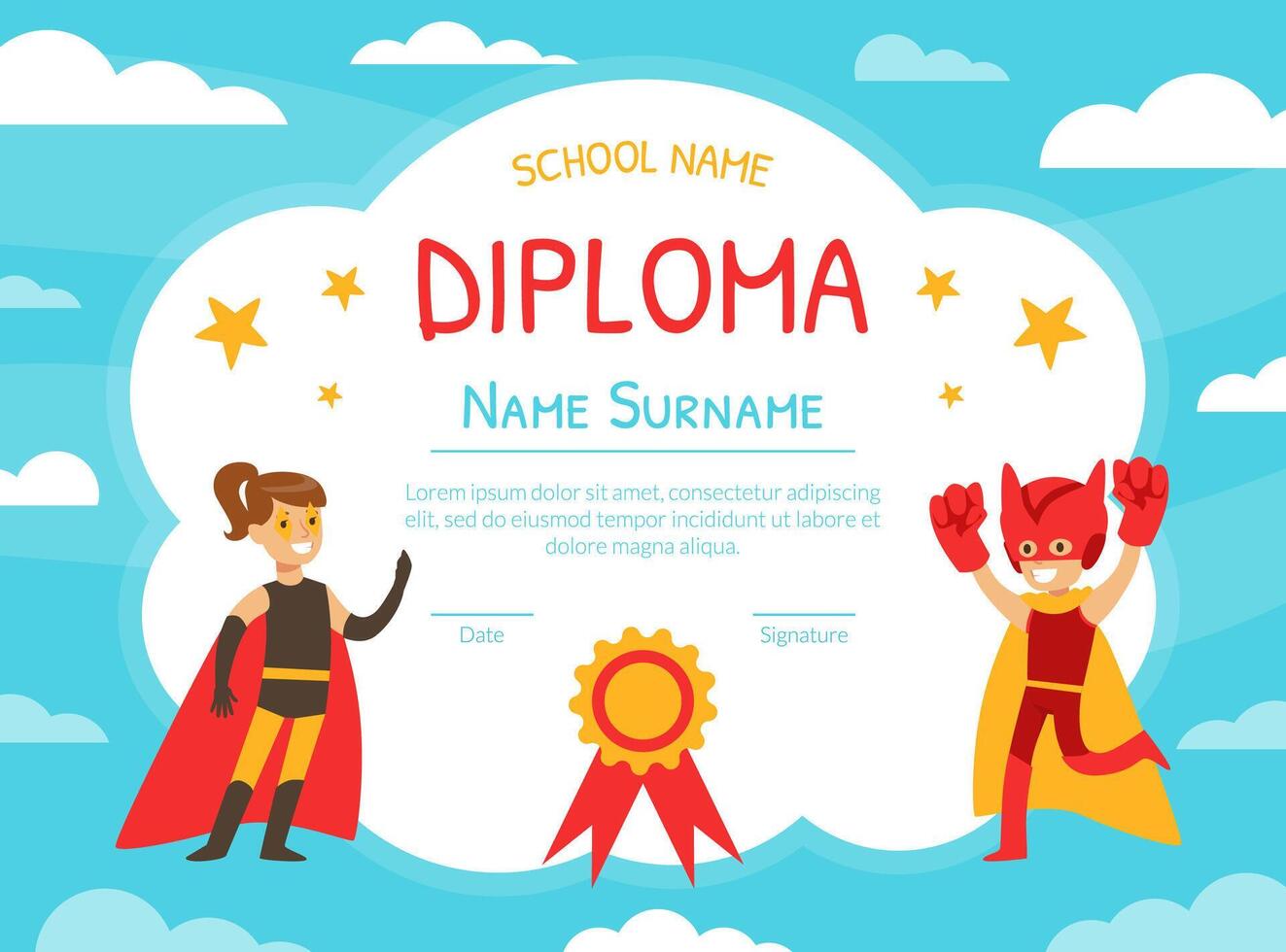 Superhero Award Diploma Template, Preschool, Kindergarten Children Certificate, Happy Boy and Girl Dressed in Superhero Costumes Cartoon Illustration vector