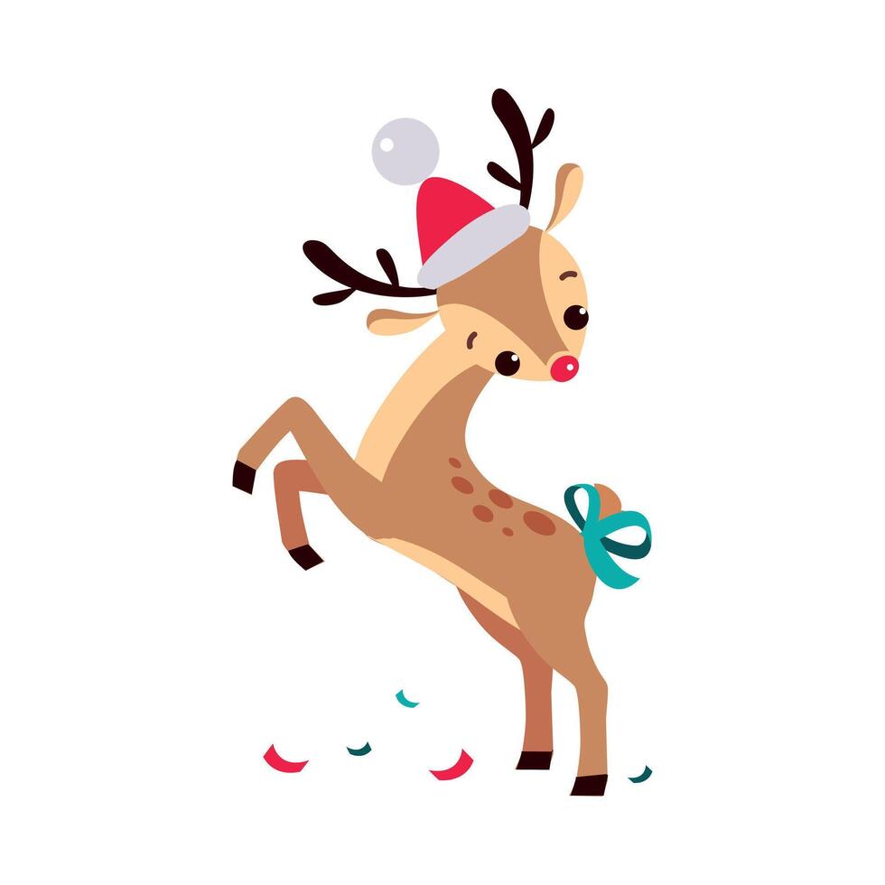 Cute Christmas Fawn in Santa Hat with Bow on its Tail, Merry Xmas and New Year, Happy Winter Holidays Concept Cartoon Style Illustration vector