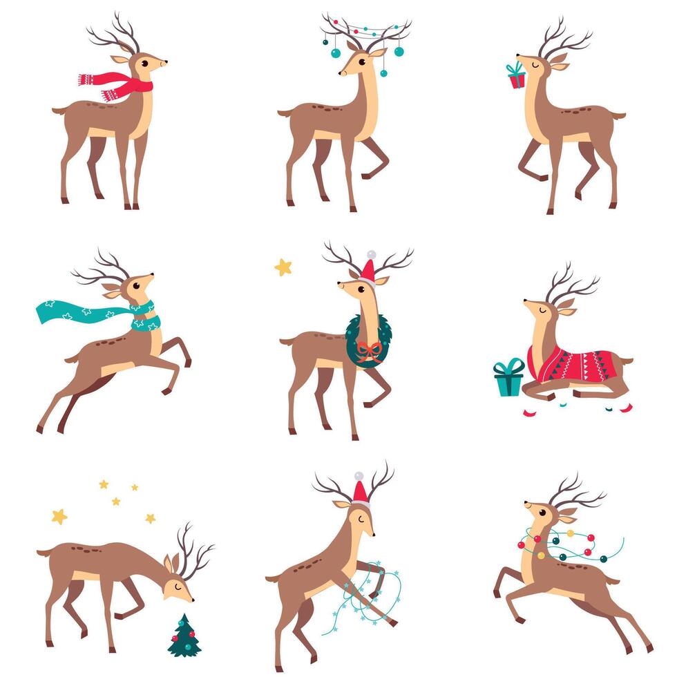 Beautiful Christmas Deers Set, Merry Xmas and New Year, Happy Winter Holidays Concept Cartoon Style Illustration vector