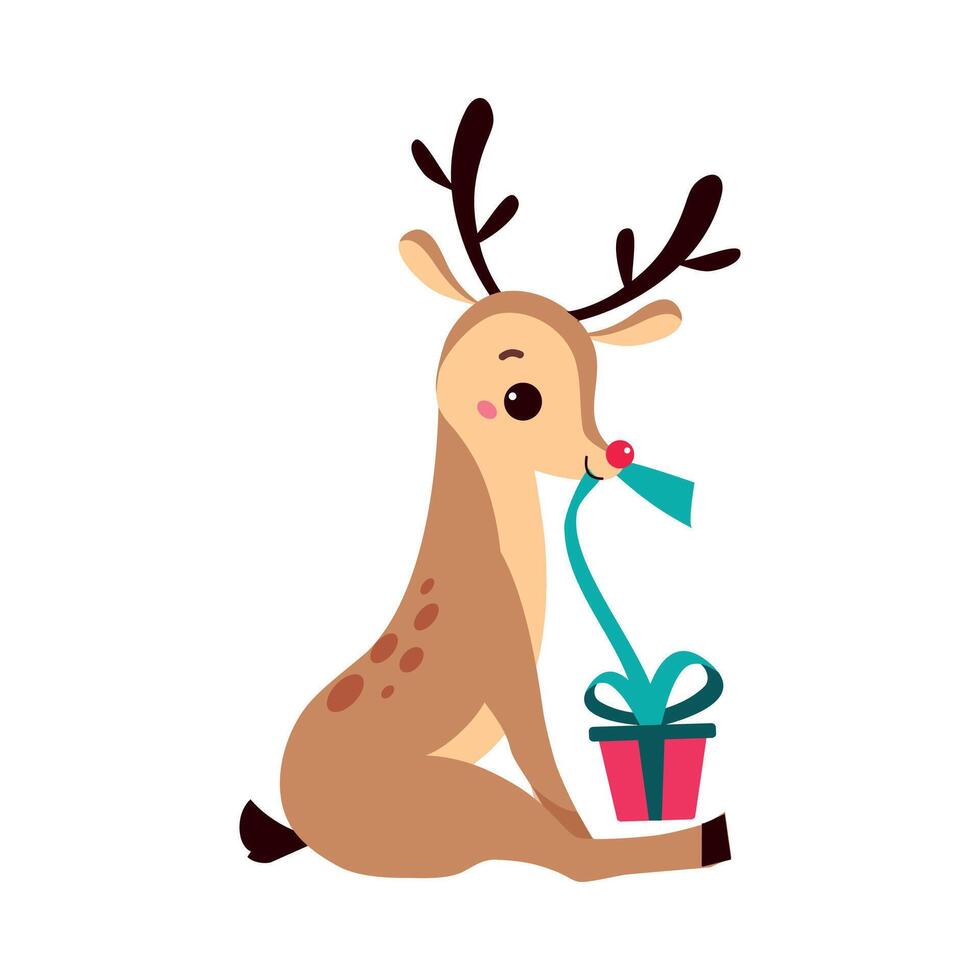 Cute Christmas Fawn with Present Box, Merry Xmas and New Year, Happy Winter Holidays Concept Cartoon Style Illustration vector