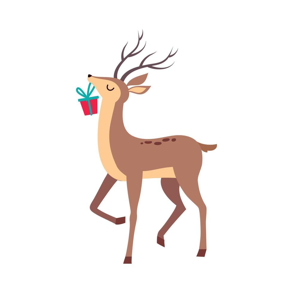 Beautiful Christmas Deer Carrying Gift Box in its Mouth, Merry Xmas and New Year, Happy Winter Holidays Concept Cartoon Style Illustration vector