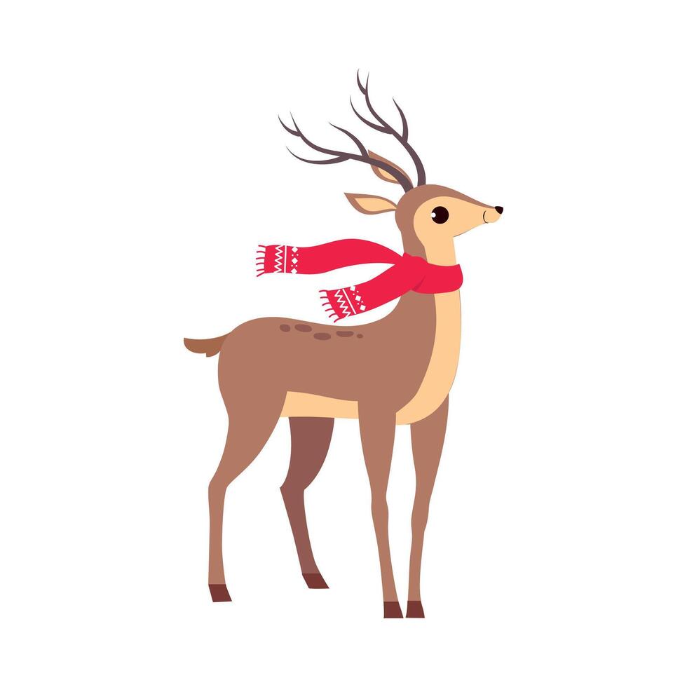 Beautiful Christmas Deer Wearing Red Scard, Merry Xmas and New Year, Happy Winter Holidays Concept Cartoon Style Illustration vector
