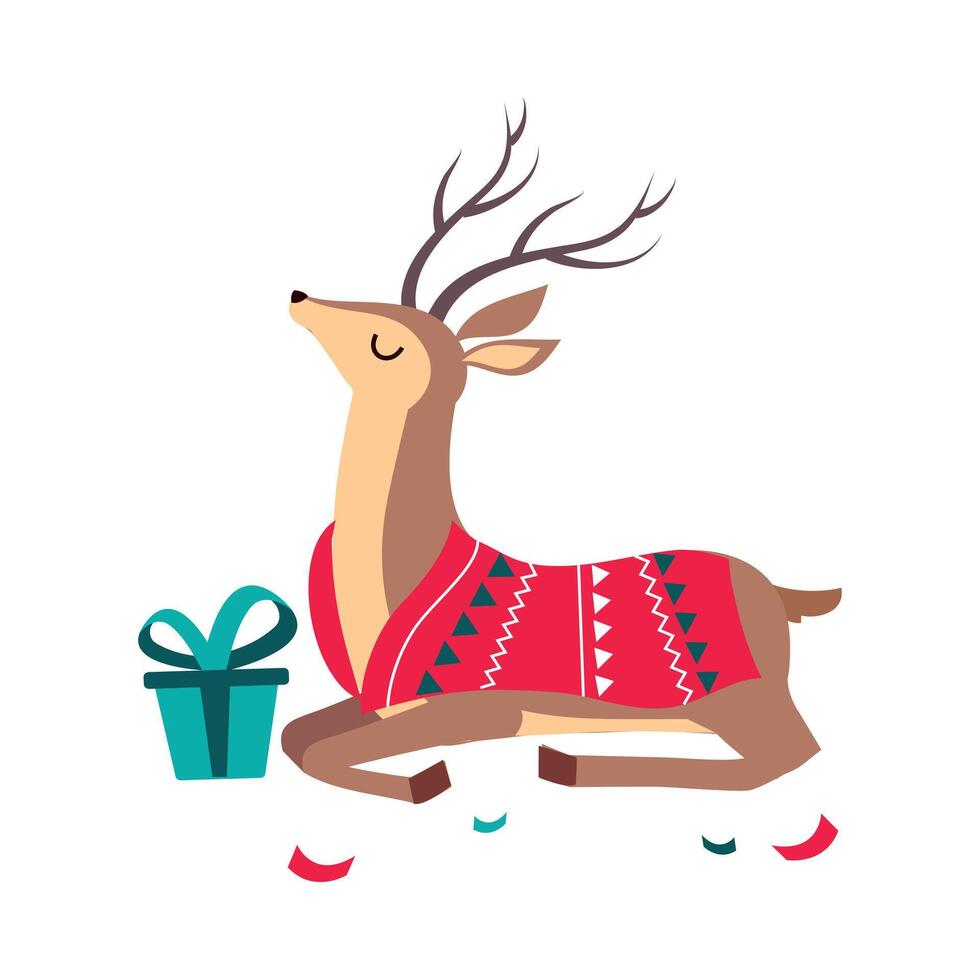 Beautiful Christmas Deer with Gift Box, Merry Xmas and New Year, Happy Winter Holidays Concept Cartoon Style Illustration vector