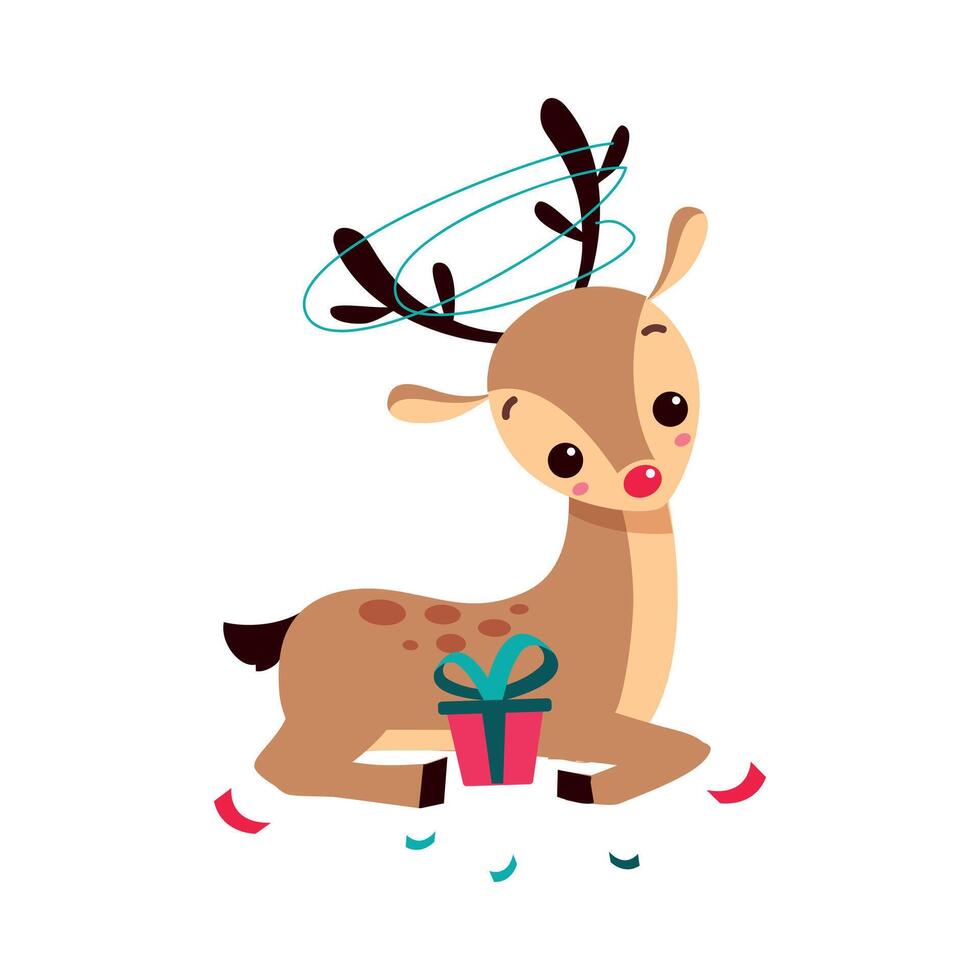 Adorable Christmas Fawn with Gift Box, Merry Xmas and New Year, Happy Winter Holidays Concept Cartoon Style Illustration vector