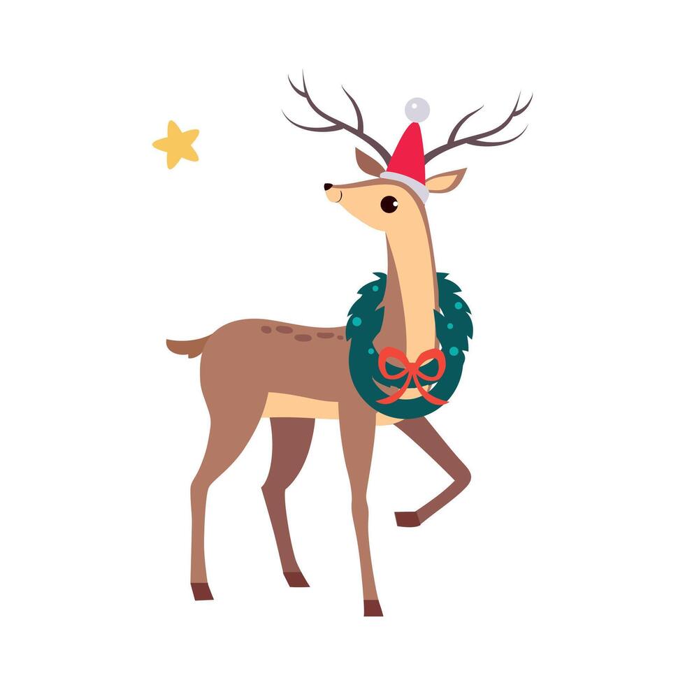 Beautiful Christmas Deer in Santa Hat with Wreath on its Neck, Merry Xmas and New Year, Happy Winter Holidays Concept Cartoon Style Illustration vector