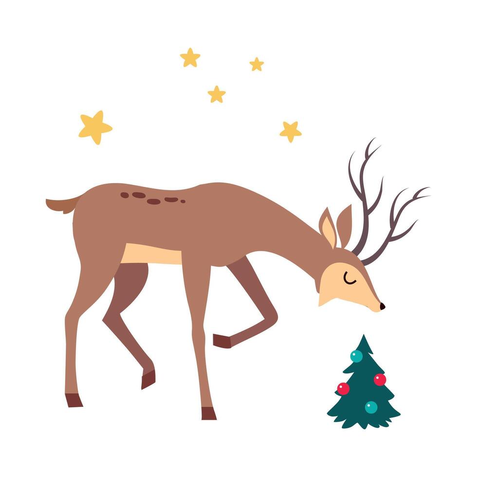 Beautiful Christmas Deer and Decorated Fir Tree, Merry Xmas and New Year, Happy Winter Holidays Concept Cartoon Style Illustration vector