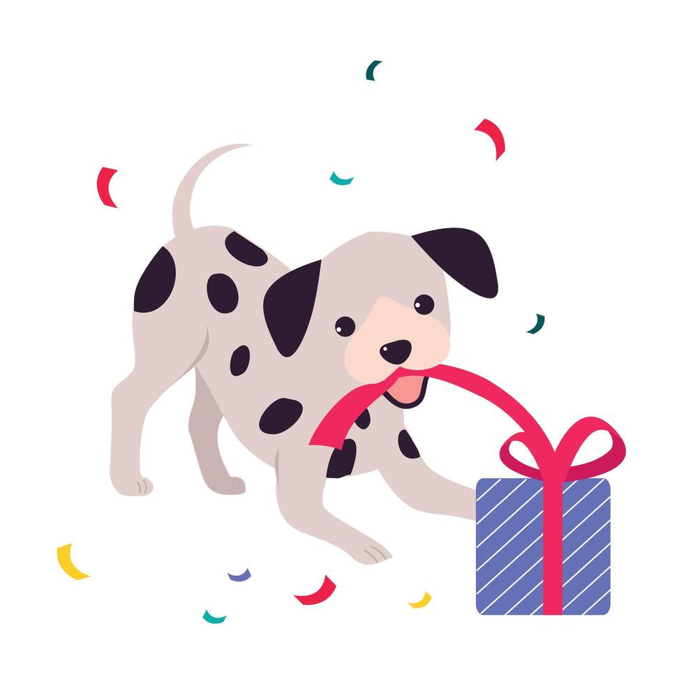 Funny Dog with Present Box, Adorable Spotted Puppy, Symbol of Xmas and New Year, Happy Winter Holidays Concept Cartoon Style Illustration vector
