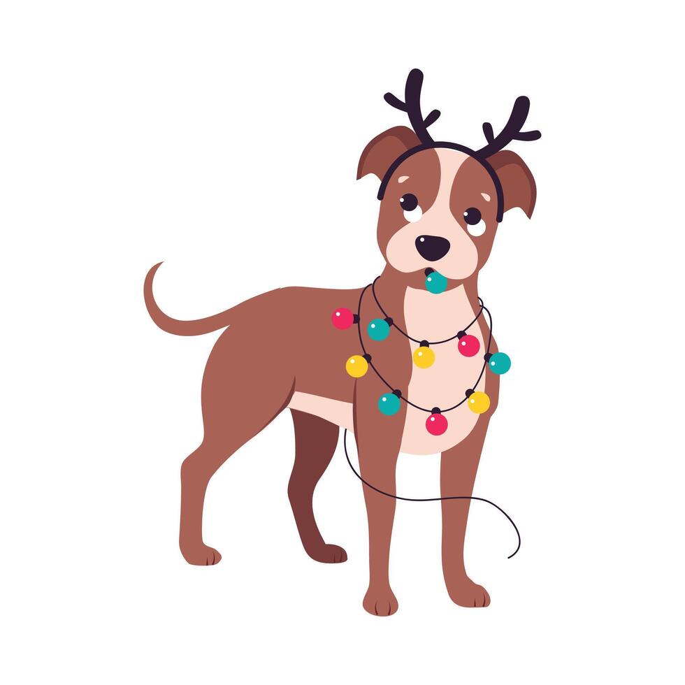 Cute Dog with Deer Antlers and Garland, Symbol of Xmas and New Year, Happy Winter Holidays Concept Cartoon Style Illustration vector