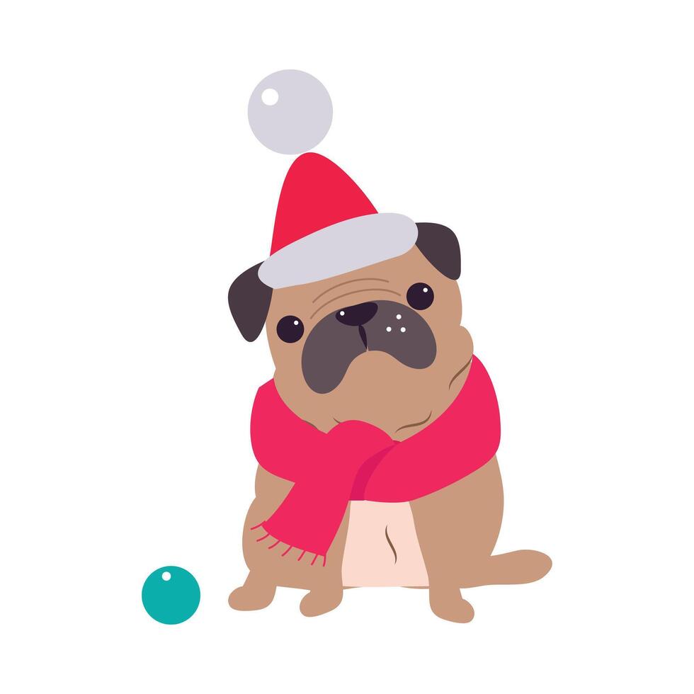 Funny Pug Dog in Red Santa Hat and Scarf, Symbol of Xmas and New Year, Happy Winter Holidays Concept Cartoon Style Illustration vector
