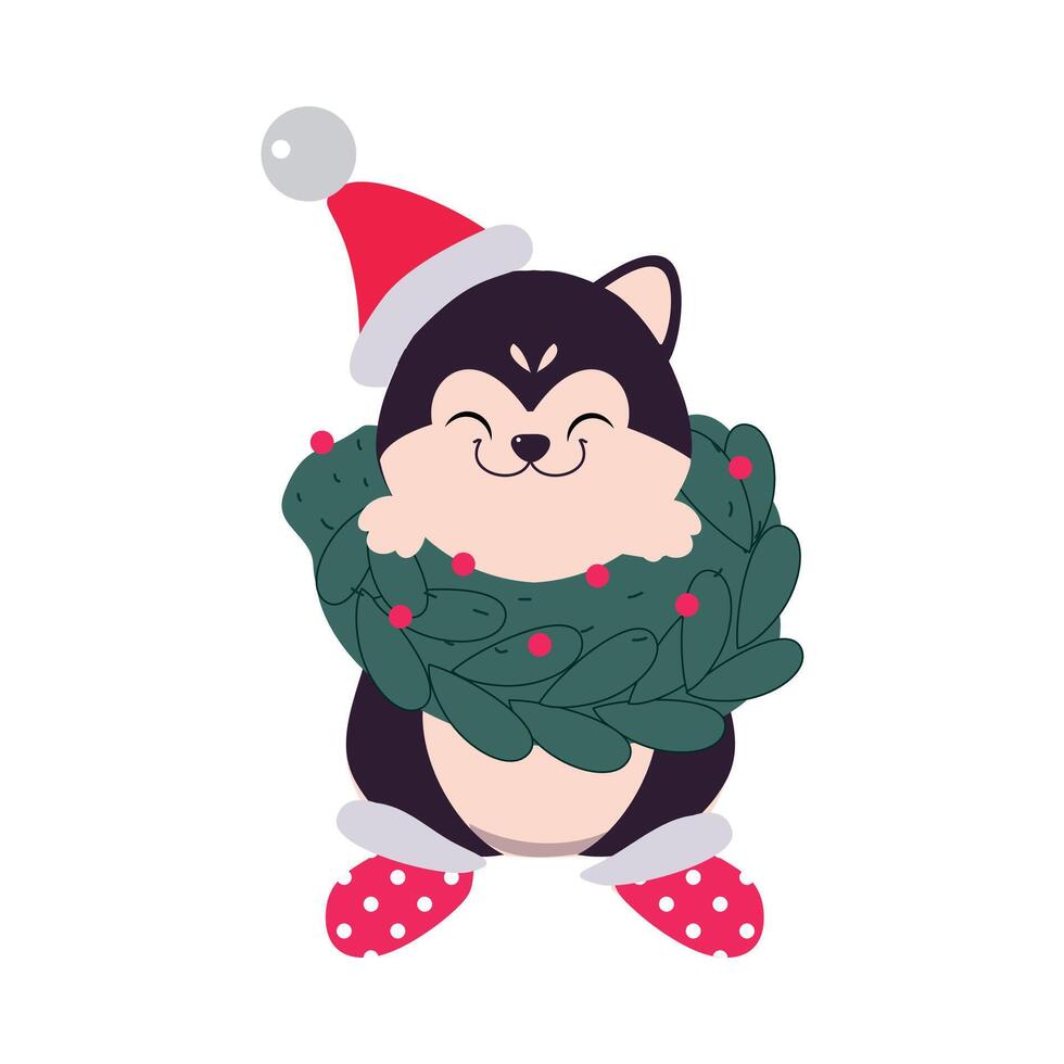 Funny Dog in Santa Hat and Christmas Fir Wreath, Symbol of Xmas and New Year, Happy Winter Holidays Concept Cartoon Style Illustration vector