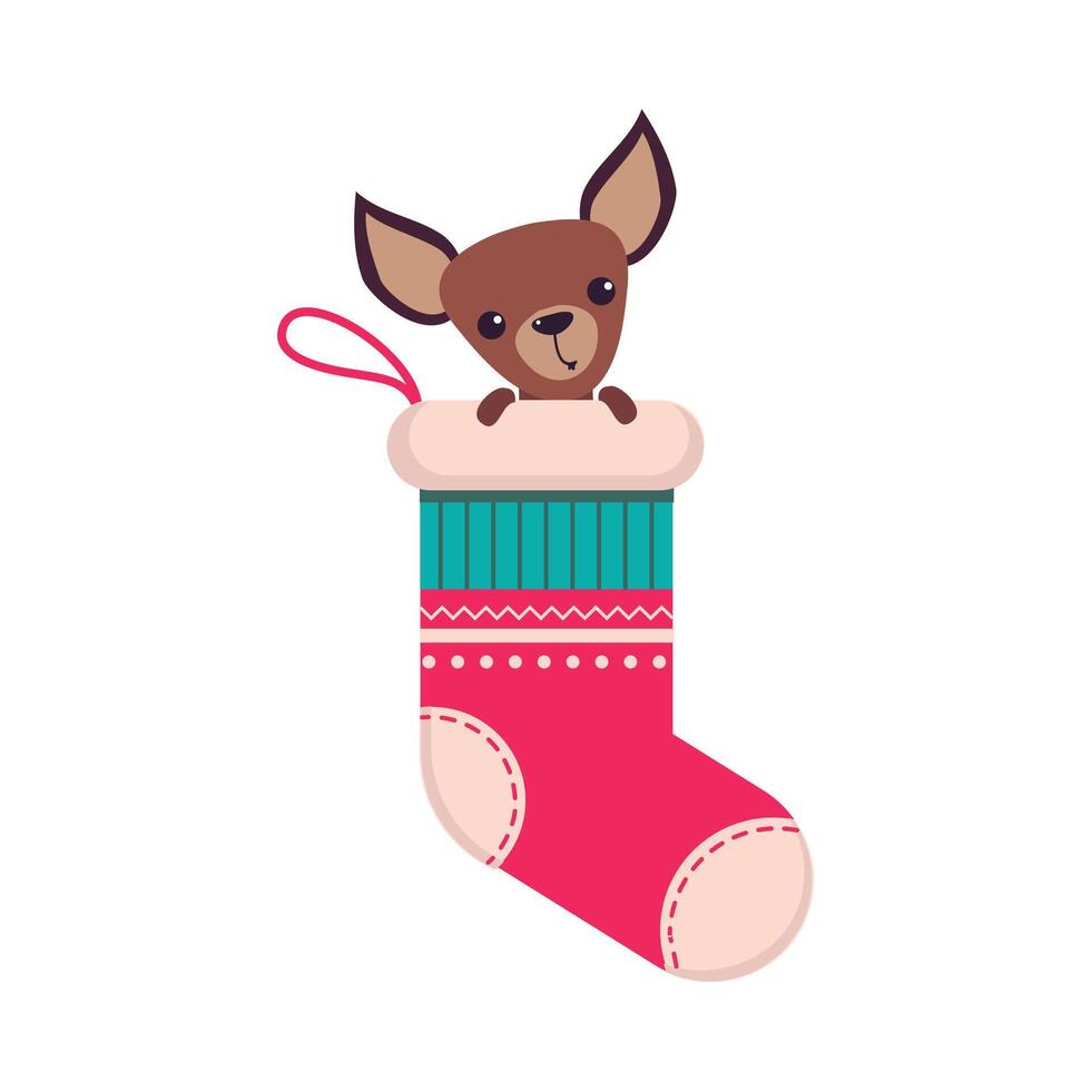 Funny Small Dog Sitting in Sock, Symbol of Xmas and New Year, Happy Winter Holidays Concept Cartoon Style Illustration vector