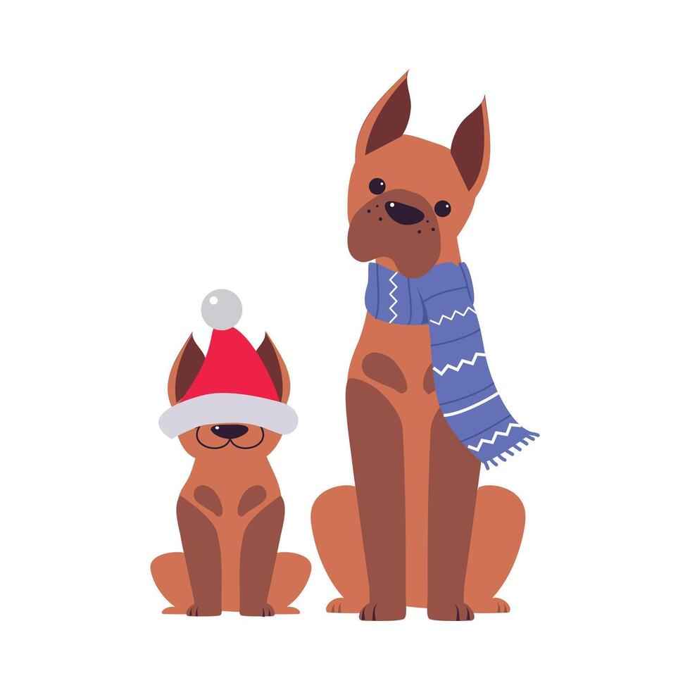 Cute Funny Dogs, Symbol of Xmas and New Year, Happy Winter Holidays Concept Cartoon Style Illustration Isolated on White Background vector
