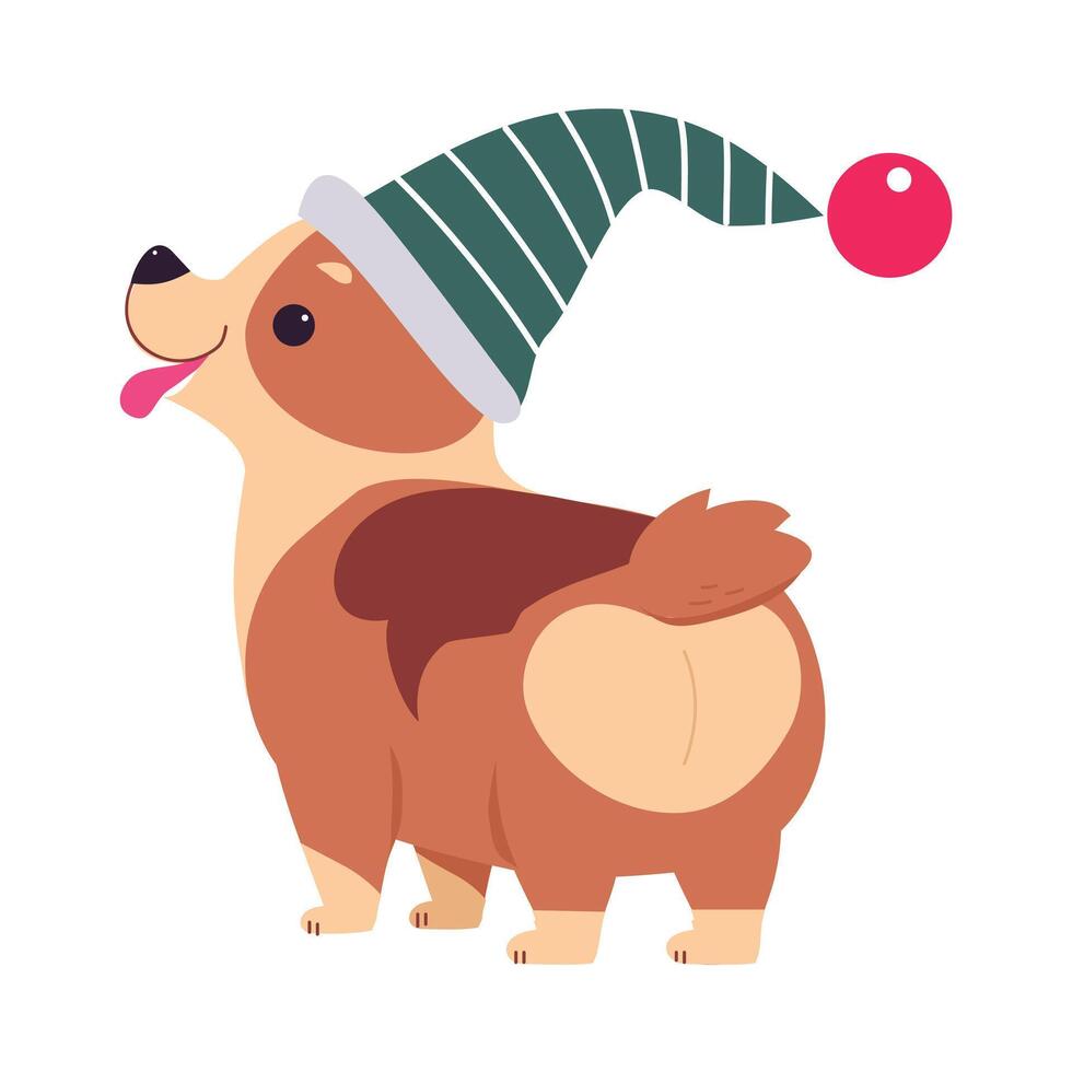 Funny Dog in Christmas Hat, Symbol of Xmas and New Year, Happy Winter Holidays Concept Cartoon Style Illustration vector