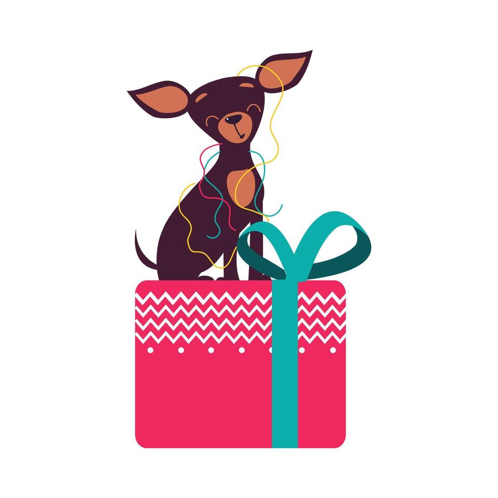 Funny Toy Terrier Dog Sitting on Presnt Box with Bow, Symbol of Xmas and New Year, Happy Winter Holidays Concept Cartoon Style Illustration vector