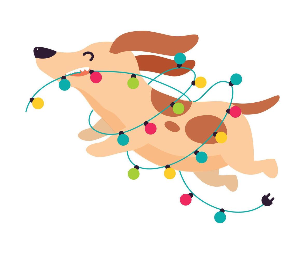 Funny Dog Running with Garland, Symbol of Xmas and New Year, Happy Winter Holidays Concept Cartoon Style Illustration vector