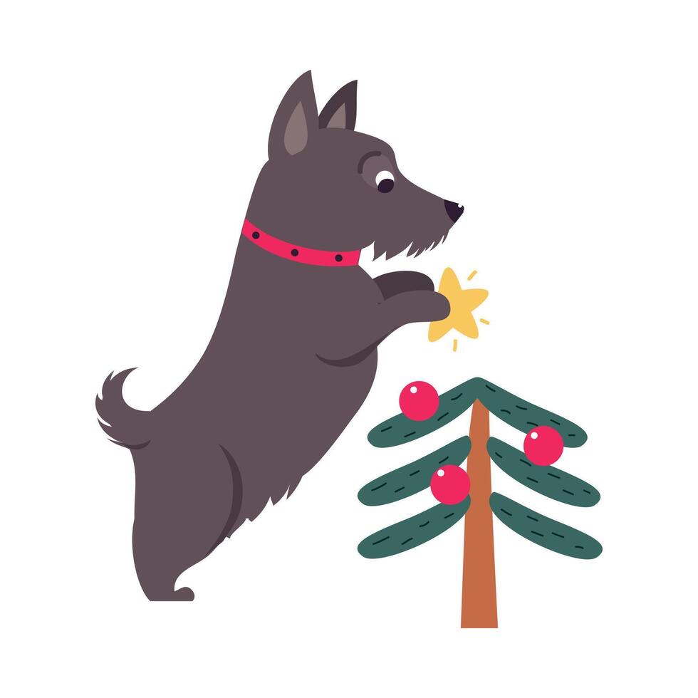 Funny Dog Decorated Christmas Tree, Symbol of Xmas and New Year, Happy Winter Holidays Concept Cartoon Style Illustration vector