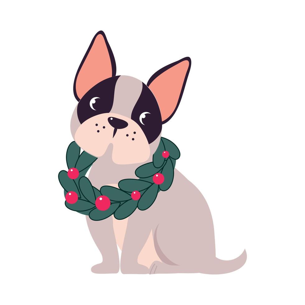 Funny French Bulldog Dog in Christmas Fir Wreath, Symbol of Xmas and New Year, Happy Winter Holidays Concept Cartoon Style Illustration vector