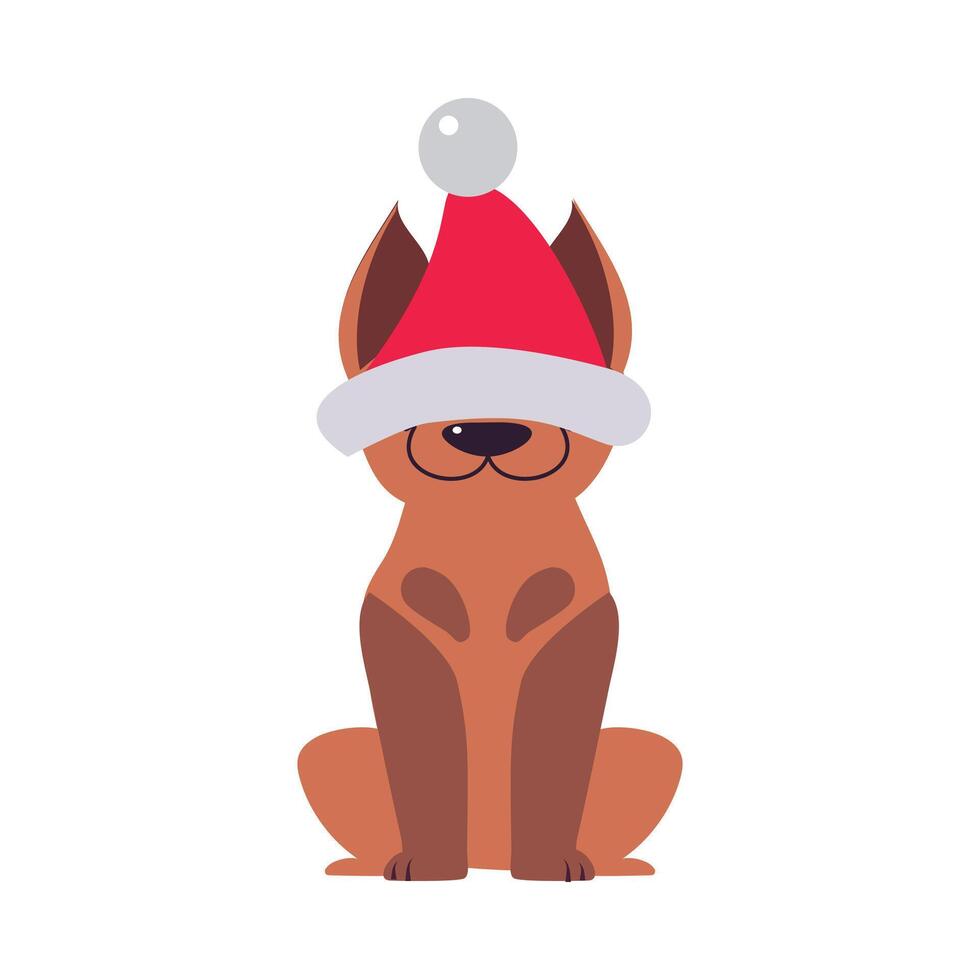 Cute Funny Dog in Santa Hat, Symbol of Xmas and New Year, Happy Winter Holidays Concept Cartoon Style Illustration vector