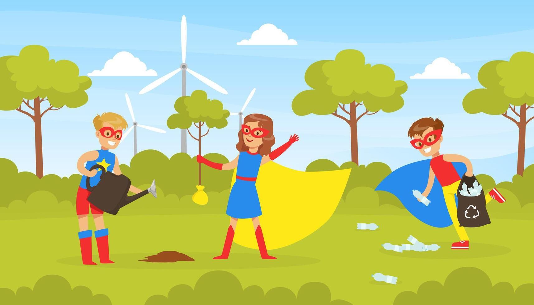 Cute Boy and Girl Dressed in Superhero Costumes Collecting Plastic Garbage, Cheerful Kids Picking Up Plastic Bottles into Garbage Bags Cartoon Illustration vector