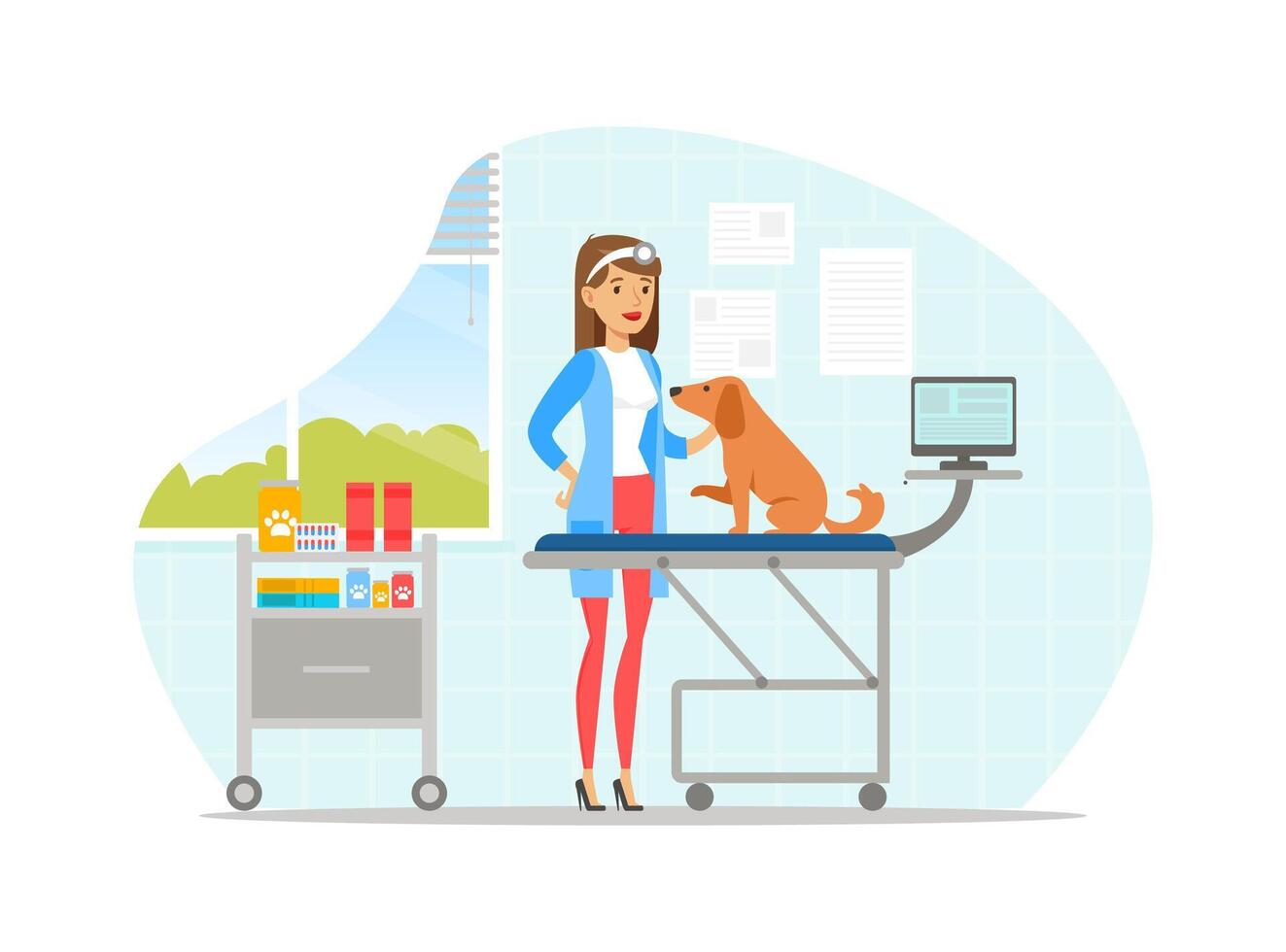 Veterinary Clinic Female Medical Specialist Examining and Treating Dog, Vet Clinic Interior, Pets Healthcare, Medical Treatment, Prevention and Immunization Illustration vector