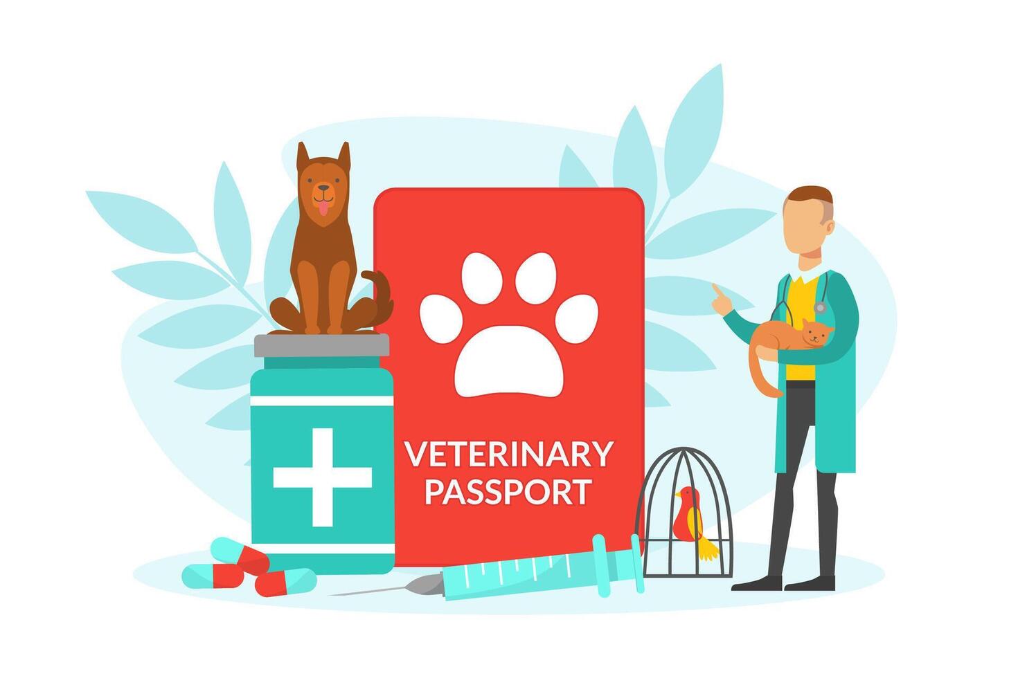 Tiny Veterinarian Doctor Examining and Treating Pet Animals, Pets Medical Treatment, Vet Passport, Prevention and Vaccination Illustration vector