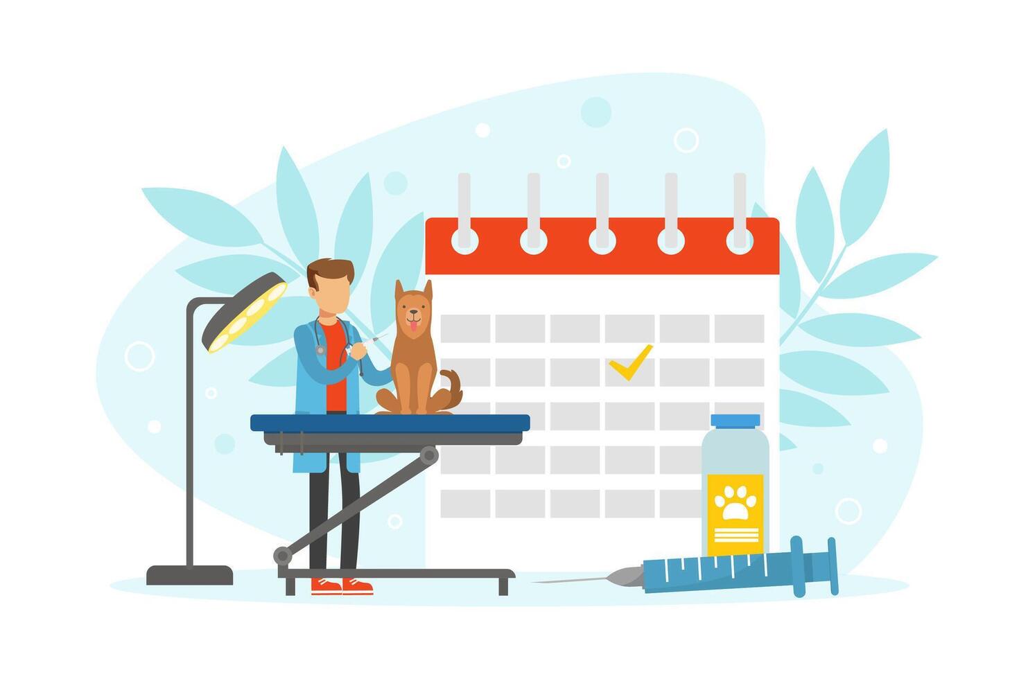Veterinary Clinic Doctor Examining and Treating Dog, Pets Healthcare, Medical Treatment, Prevention and Vaccination Cartoon Style Illustration vector