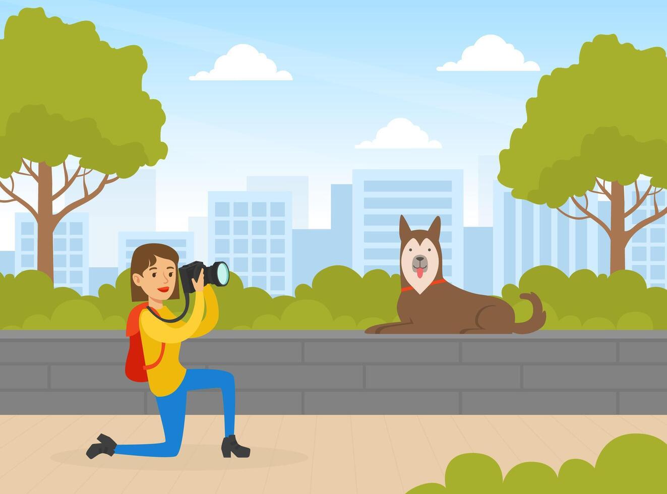 Girl Photographer with Digital Camera Taking Photo of Dog in Summer Park Cartoon Illustration vector