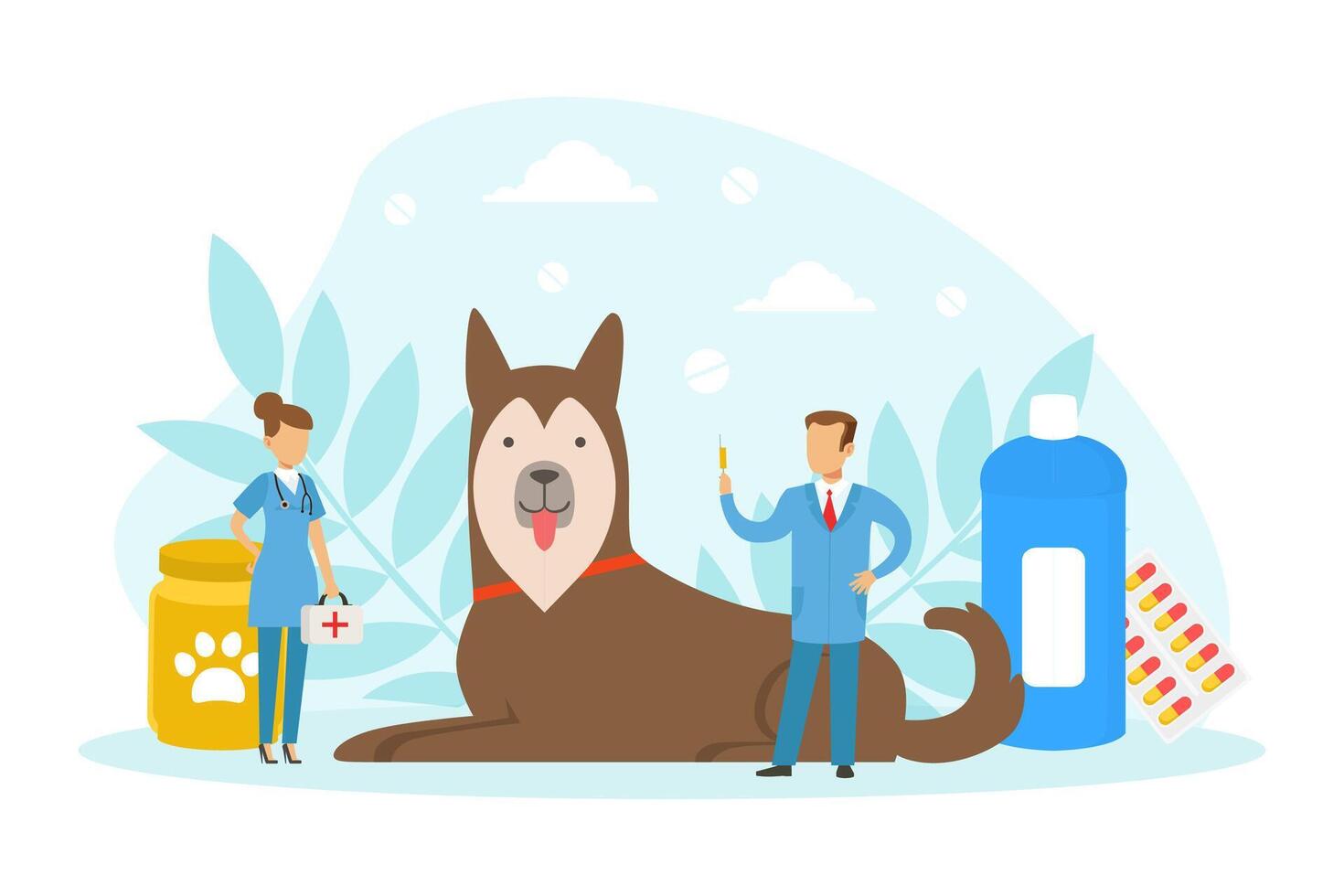 Tiny Veterinarian Doctors Examining and Treating Big Dog Animal, Pets Medical Treatment, Prevention and Vaccination Illustration vector