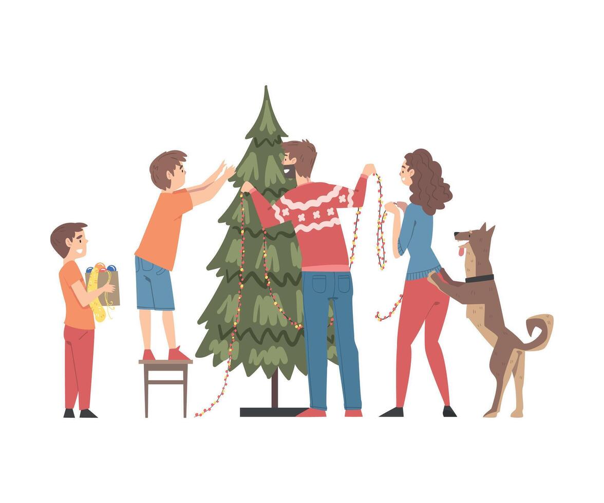 Family Decorating Christmas Tree with Baubles and Garland, Parents, Kids and Dog Preparing for Holiday Celebration, Merry Xmas and New Year Cartoon Style Illustration vector