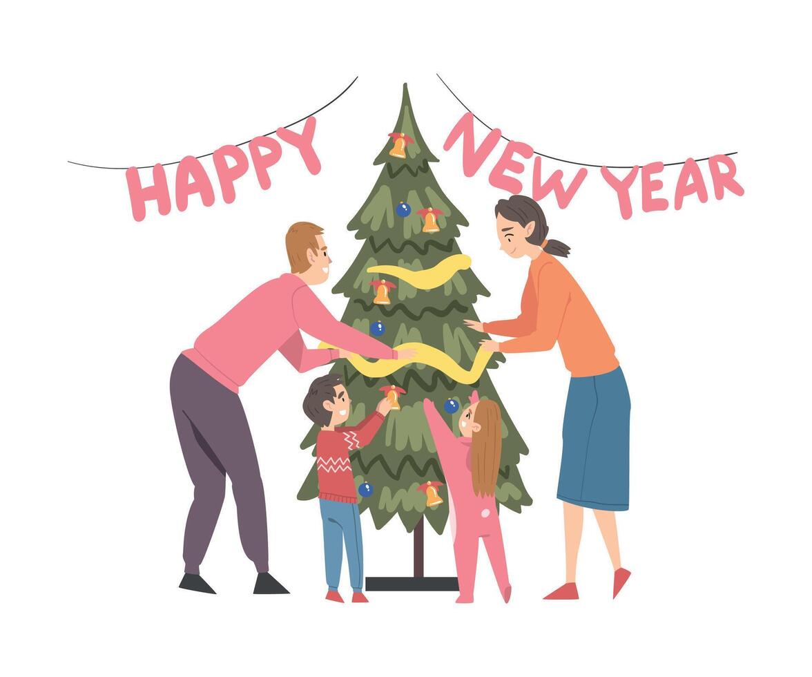 Happy Family Decorating Christmas Tree with Baubles and Garland, Parents and Kids Preparing for Holiday Celebration, Merry Xmas and New Year Cartoon Style Illustration vector